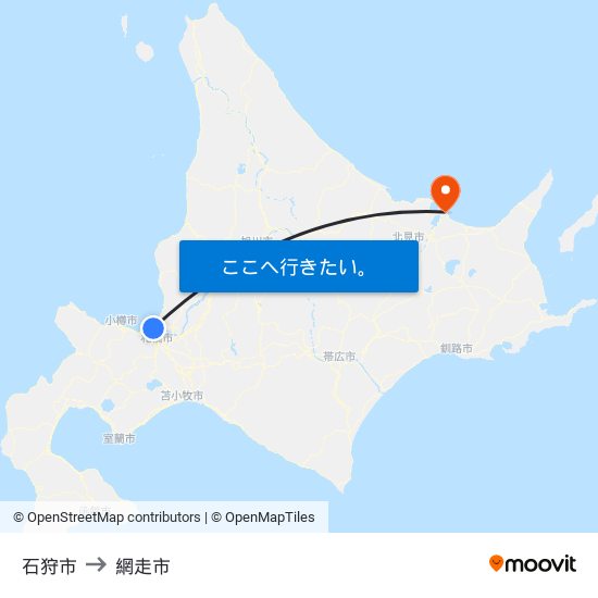 石狩市 to 網走市 map