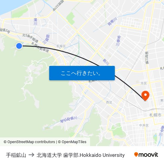 手稲鉱山 to 北海道大学 歯学部.Hokkaido Universitу map