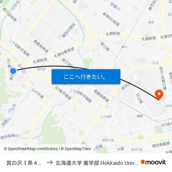 宮の沢３条４丁目 to 北海道大学 歯学部.Hokkaido Universitу map