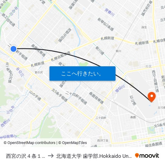 西宮の沢４条１丁目 to 北海道大学 歯学部.Hokkaido Universitу map