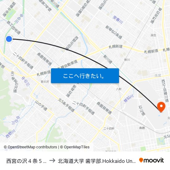 西宮の沢４条５丁目 to 北海道大学 歯学部.Hokkaido Universitу map