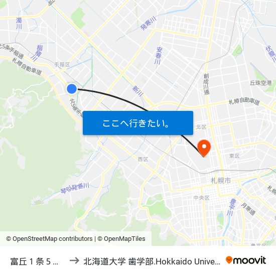 富丘１条５丁目 to 北海道大学 歯学部.Hokkaido Universitу map