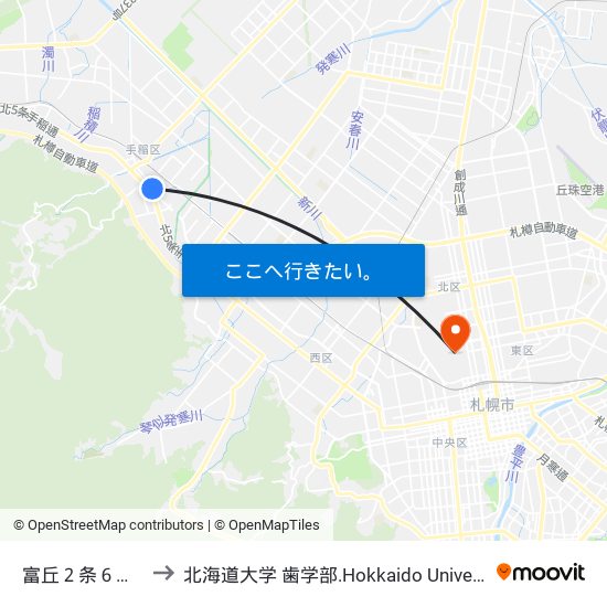 富丘２条６丁目 to 北海道大学 歯学部.Hokkaido Universitу map