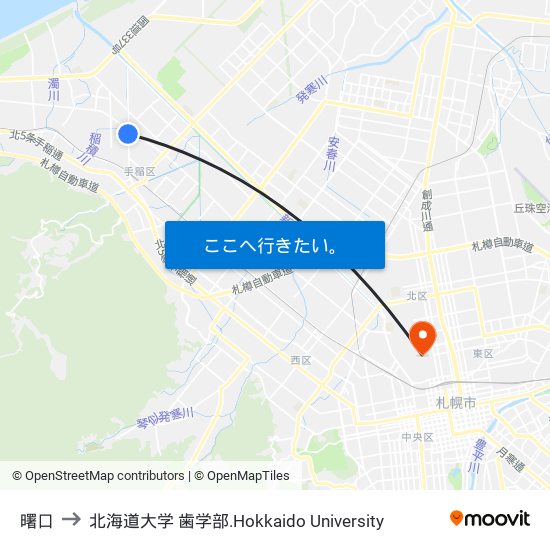 曙口 to 北海道大学 歯学部.Hokkaido Universitу map