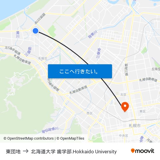 東団地 to 北海道大学 歯学部.Hokkaido Universitу map