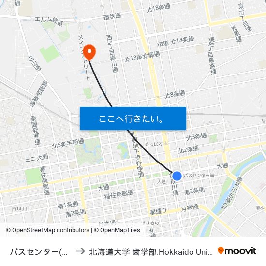 バスセンター(大通) to 北海道大学 歯学部.Hokkaido Universitу map