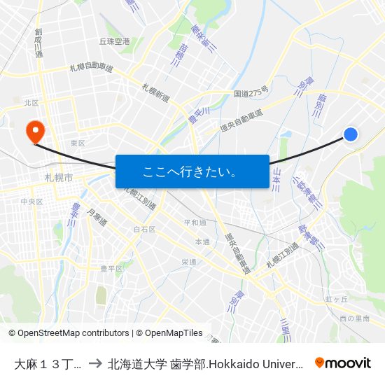 大麻１３丁目 to 北海道大学 歯学部.Hokkaido Universitу map