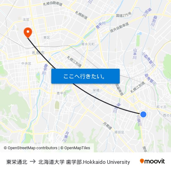 東栄通北 to 北海道大学 歯学部.Hokkaido Universitу map