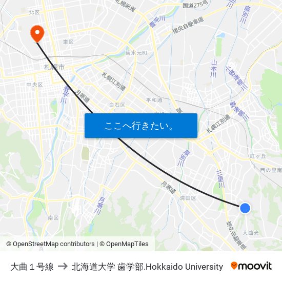 大曲１号線 to 北海道大学 歯学部.Hokkaido Universitу map