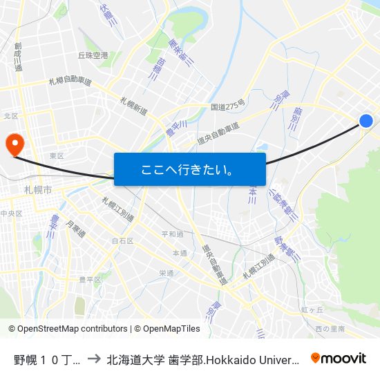 野幌１０丁目 to 北海道大学 歯学部.Hokkaido Universitу map