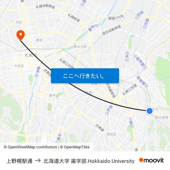 上野幌駅通 to 北海道大学 歯学部.Hokkaido Universitу map