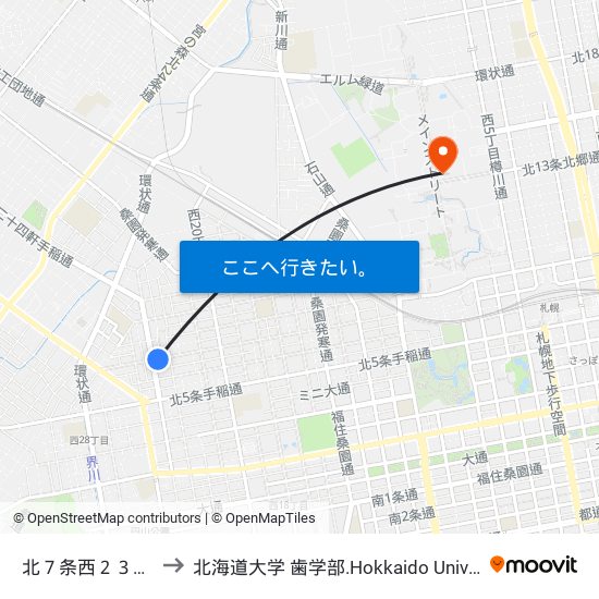 北７条西２３丁目 to 北海道大学 歯学部.Hokkaido Universitу map