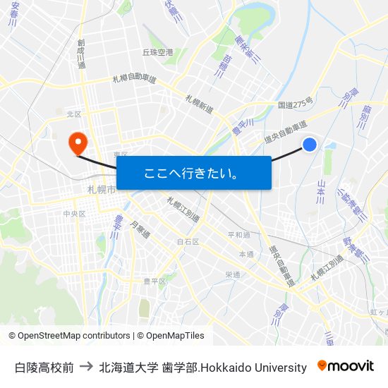 白陵高校前 to 北海道大学 歯学部.Hokkaido Universitу map