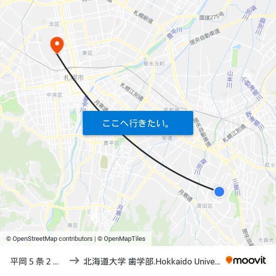 平岡５条２丁目 to 北海道大学 歯学部.Hokkaido Universitу map