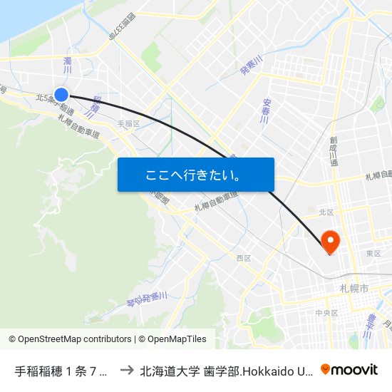 手稲稲穂１条７丁目北 to 北海道大学 歯学部.Hokkaido Universitу map