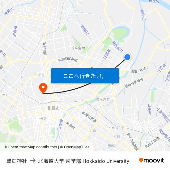 豊畑神社 to 北海道大学 歯学部.Hokkaido Universitу map