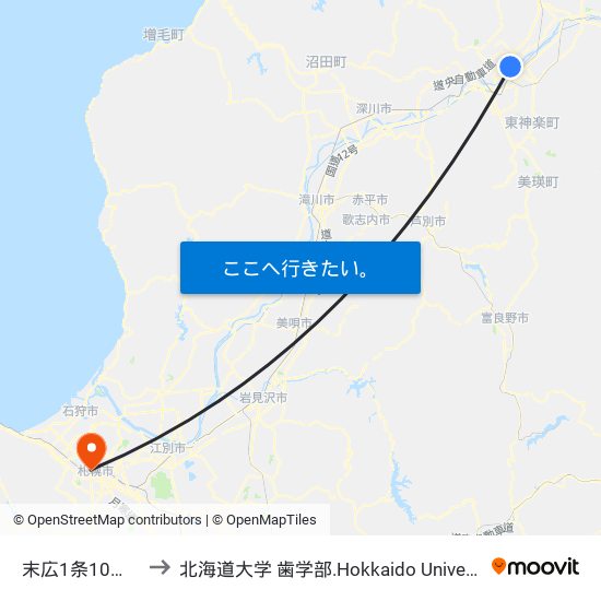 末広1条10丁目 to 北海道大学 歯学部.Hokkaido Universitу map