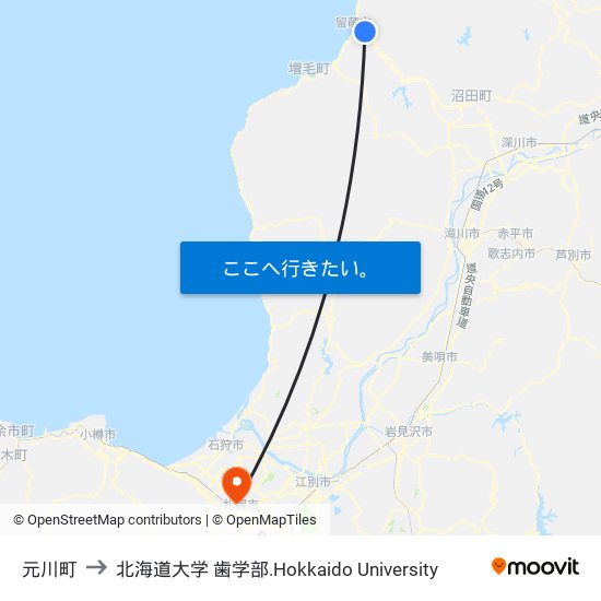 元川町 to 北海道大学 歯学部.Hokkaido Universitу map