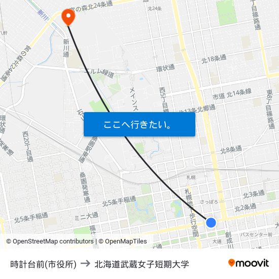 時計台前(市役所) to 北海道武蔵女子短期大学 map
