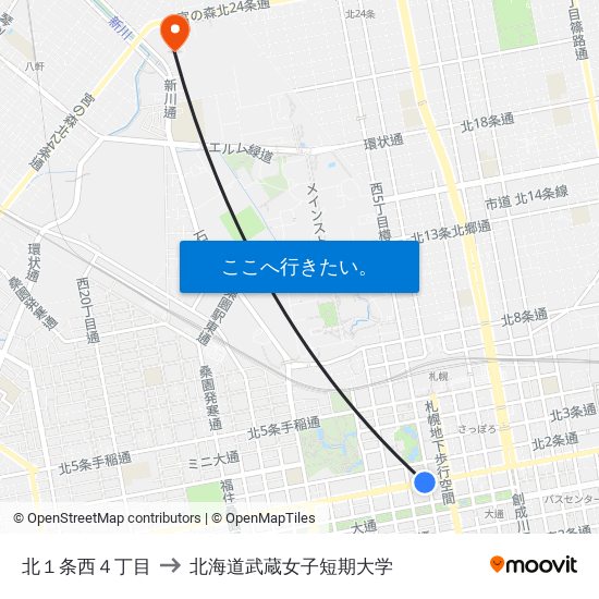 北１条西４丁目 to 北海道武蔵女子短期大学 map