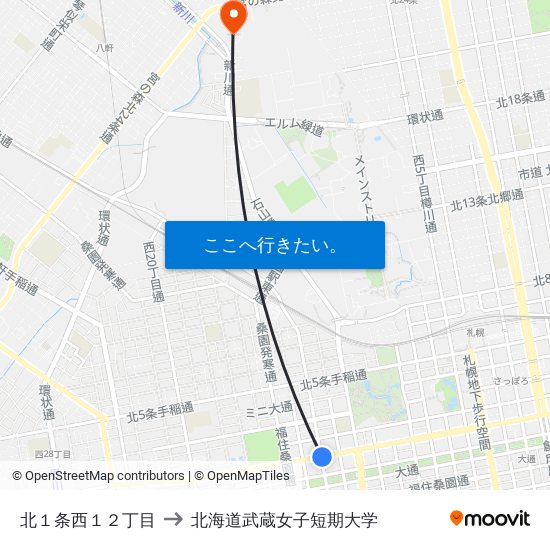 北１条西１２丁目 to 北海道武蔵女子短期大学 map