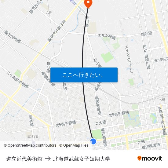 道立近代美術館 to 北海道武蔵女子短期大学 map