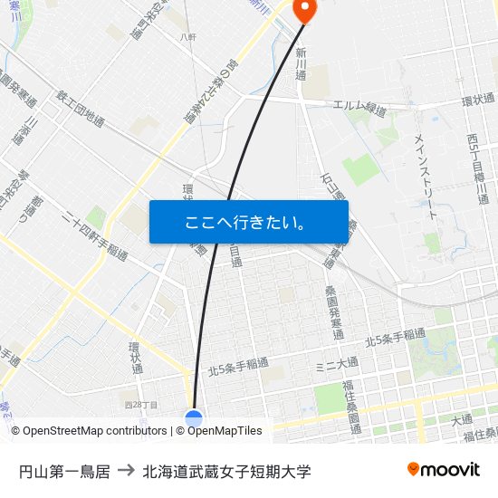 円山第一鳥居 to 北海道武蔵女子短期大学 map