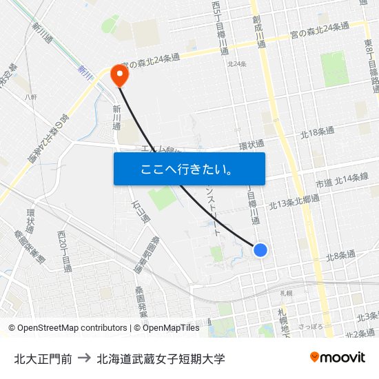 北大正門前 to 北海道武蔵女子短期大学 map