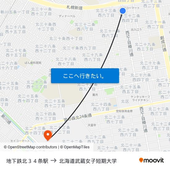 地下鉄北３４条駅 to 北海道武蔵女子短期大学 map