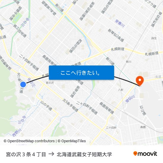 宮の沢３条４丁目 to 北海道武蔵女子短期大学 map