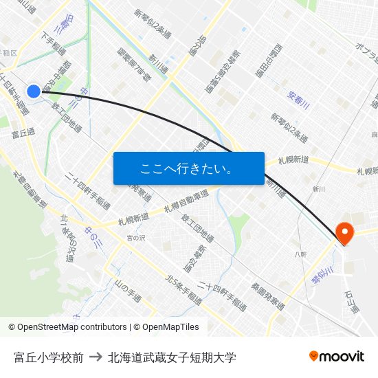 富丘小学校前 to 北海道武蔵女子短期大学 map