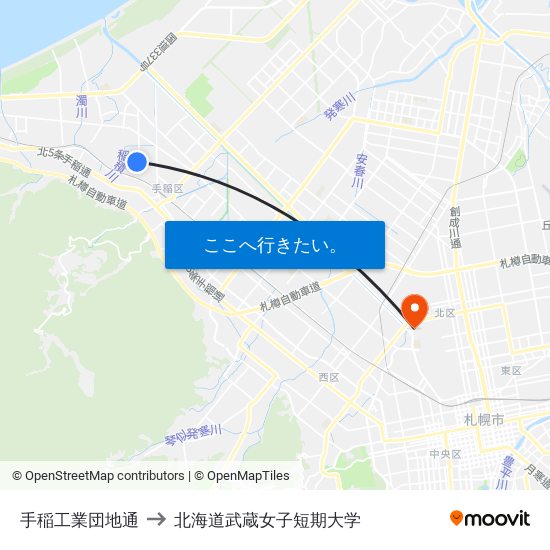 手稲工業団地通 to 北海道武蔵女子短期大学 map