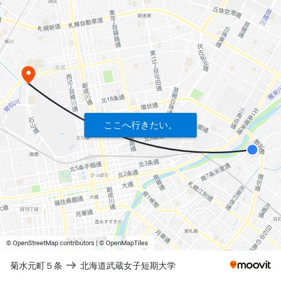 菊水元町５条 to 北海道武蔵女子短期大学 map