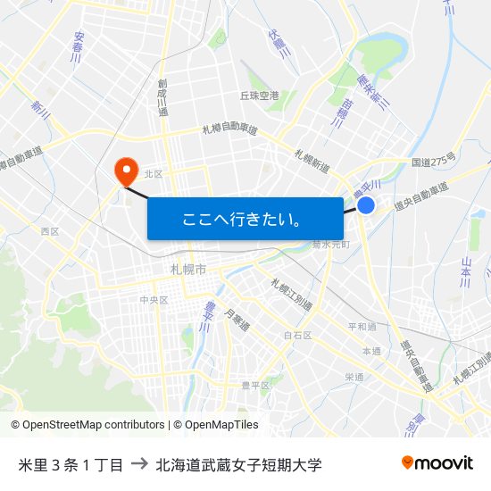 米里３条１丁目 to 北海道武蔵女子短期大学 map