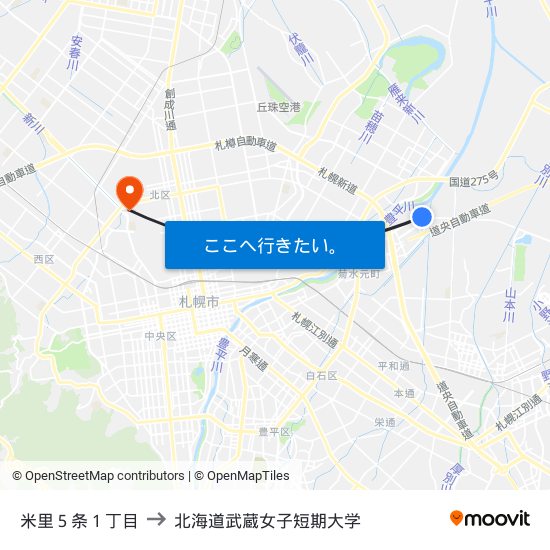 米里５条１丁目 to 北海道武蔵女子短期大学 map