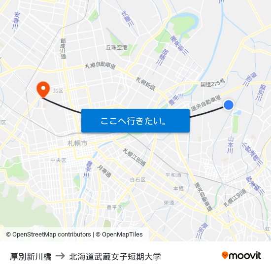 厚別新川橋 to 北海道武蔵女子短期大学 map