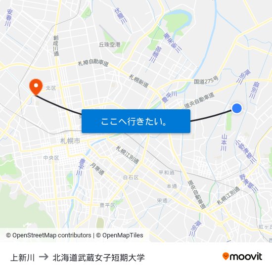 上新川 to 北海道武蔵女子短期大学 map