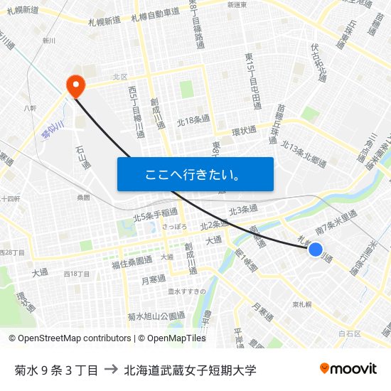 菊水９条３丁目 to 北海道武蔵女子短期大学 map