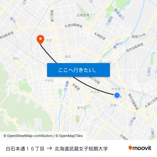 白石本通１０丁目 to 北海道武蔵女子短期大学 map