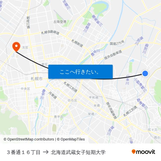 ３番通１６丁目 to 北海道武蔵女子短期大学 map