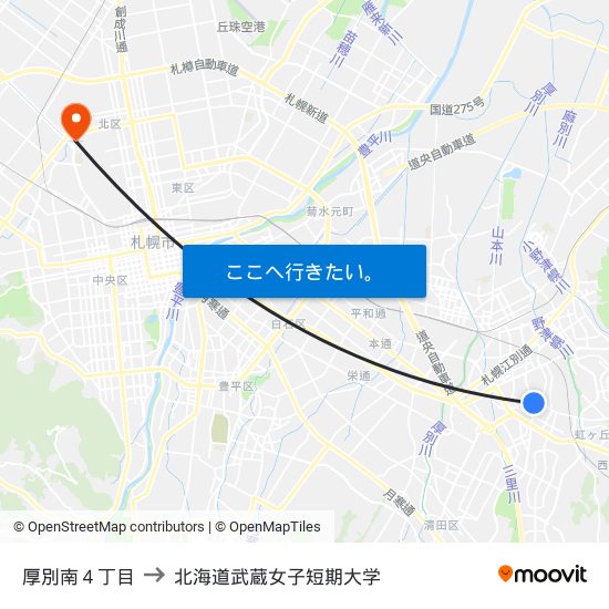 厚別南４丁目 to 北海道武蔵女子短期大学 map