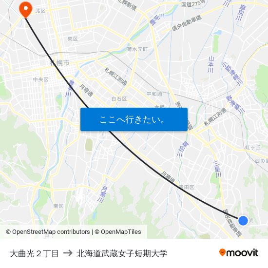 大曲光２丁目 to 北海道武蔵女子短期大学 map