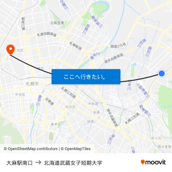 大麻駅南口 to 北海道武蔵女子短期大学 map