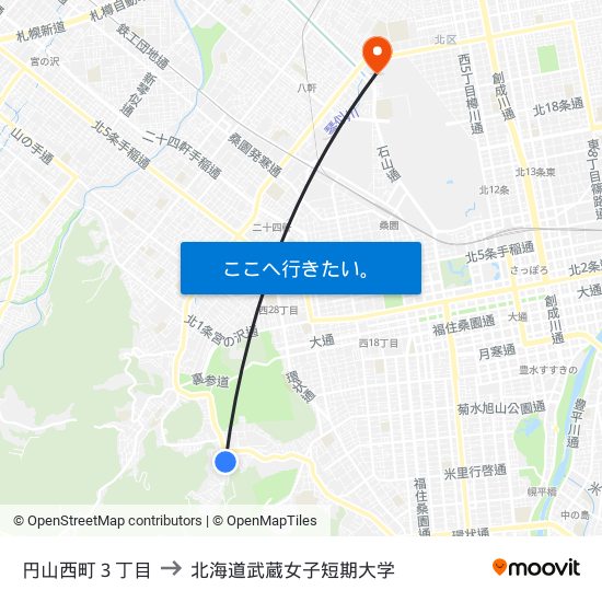 円山西町３丁目 to 北海道武蔵女子短期大学 map