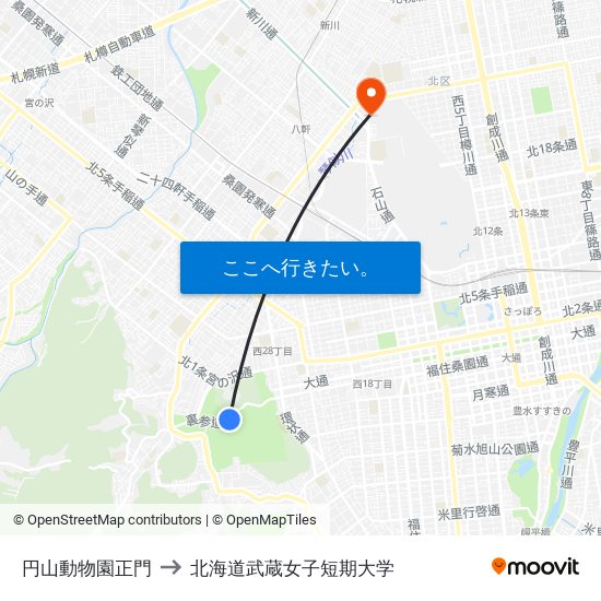 円山動物園正門 to 北海道武蔵女子短期大学 map