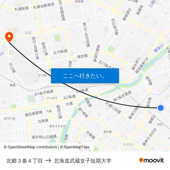 北郷３条４丁目 to 北海道武蔵女子短期大学 map