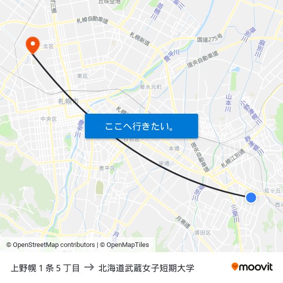 上野幌１条５丁目 to 北海道武蔵女子短期大学 map