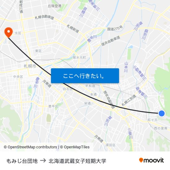 もみじ台団地 to 北海道武蔵女子短期大学 map