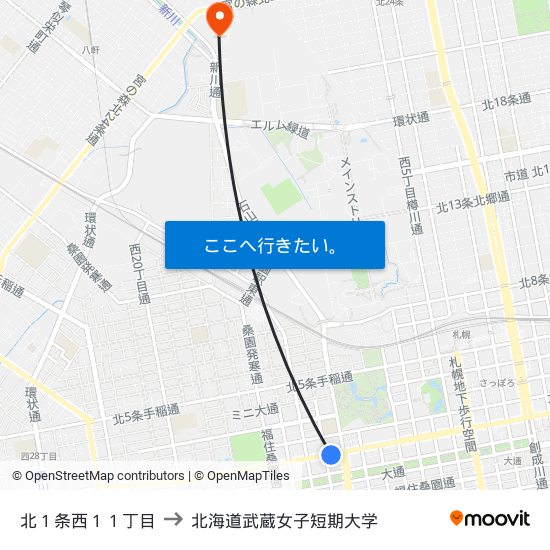 北１条西１１丁目 to 北海道武蔵女子短期大学 map