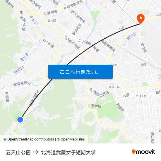 五天山公園 to 北海道武蔵女子短期大学 map
